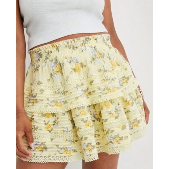 AERIE FLORLA RUFFLE yellow shirt lace and floral Sz M - Picture 1 of 8